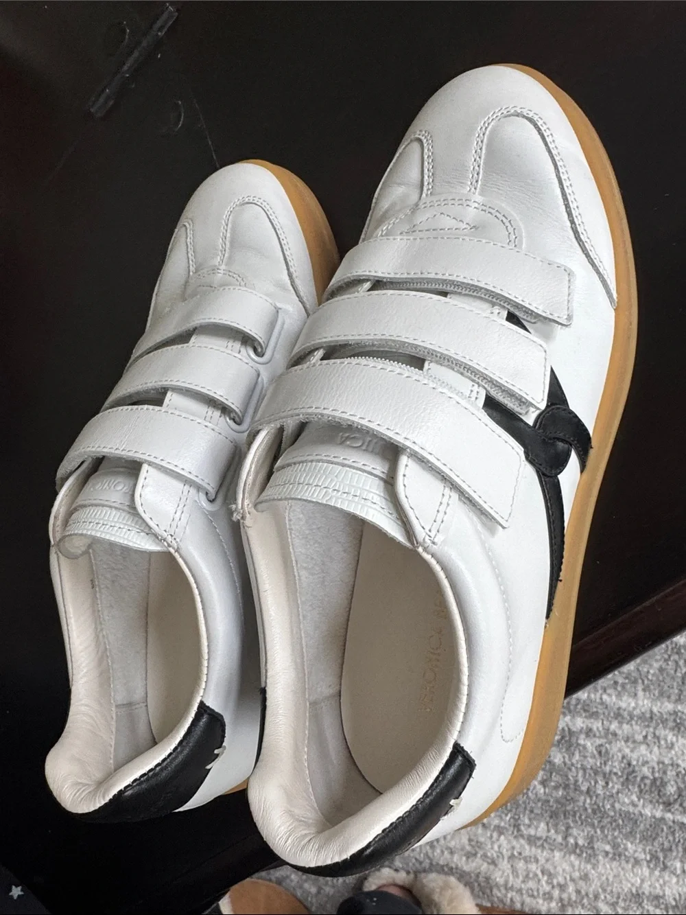 Veronica Beard White Leather Velcro Strap Sneakers with Black Heel Detail